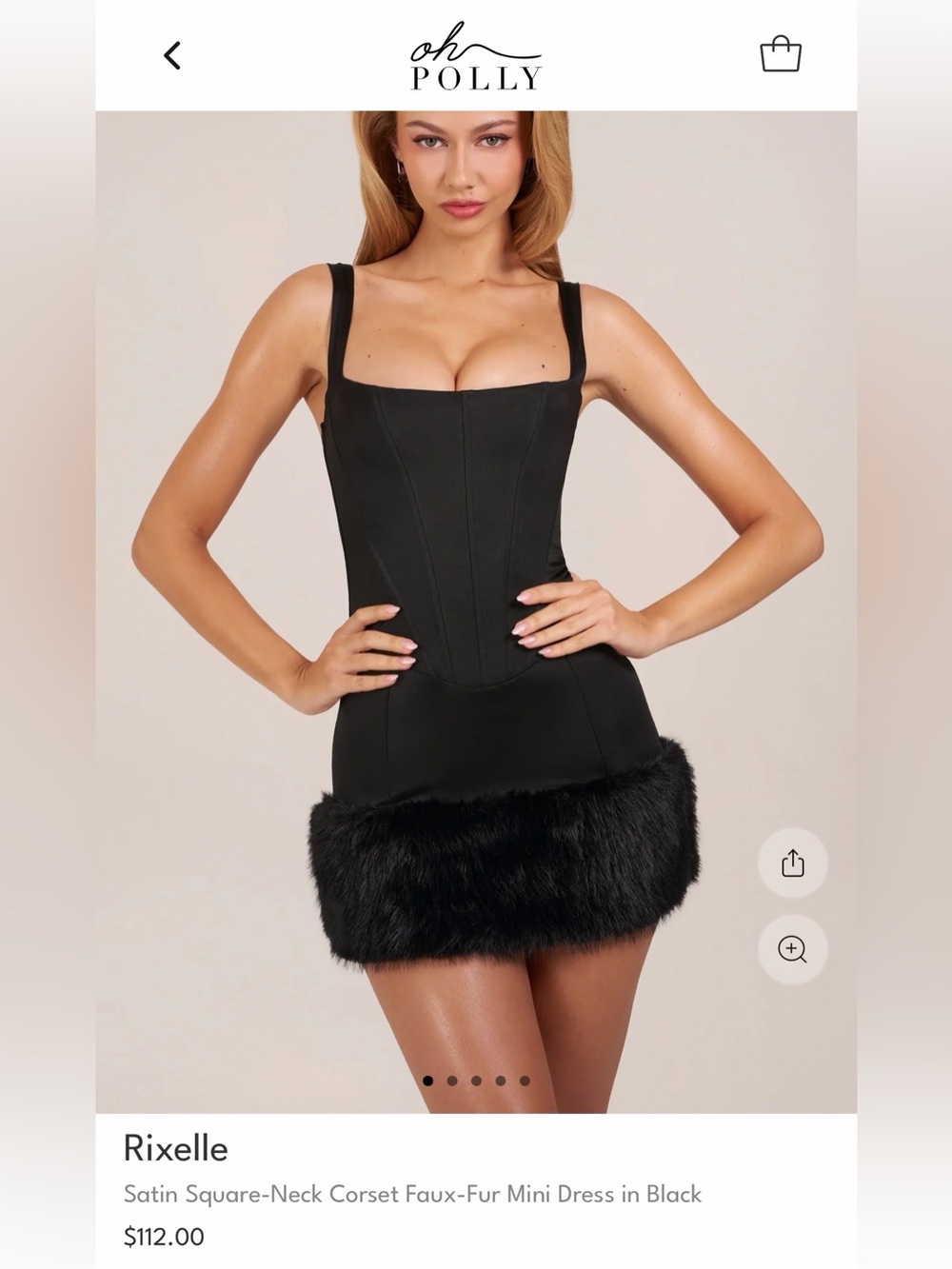 Oh Polly Rixelle Satin Square-Neck Corset Faux-Fur Mini Dress in Black